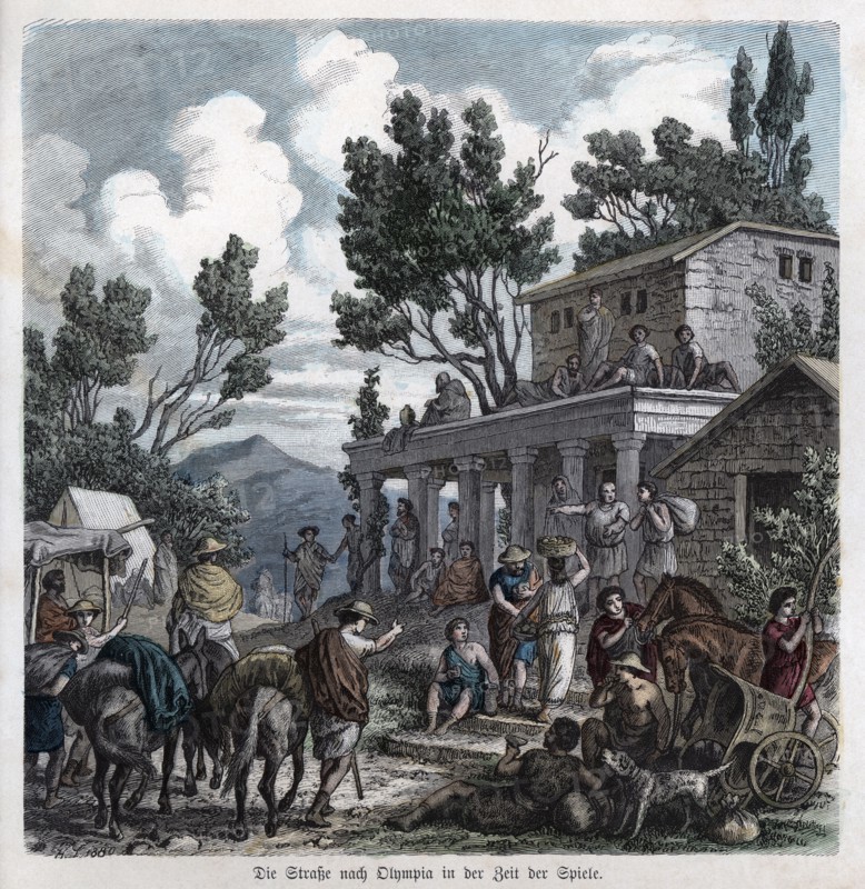 Ancient History. Greece. Walking to the Olympus. German engraving, 1880.