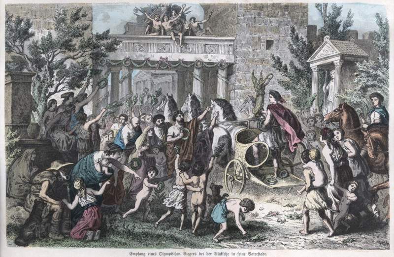 Ancient History. Greece. Reception and homage to a winner in his hometown. German engraving, 1880.