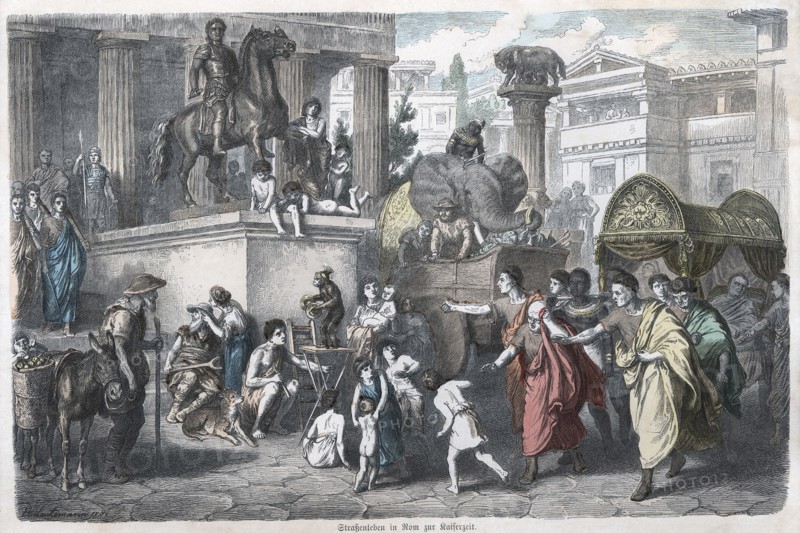 Ancient History. Rome. Scene in a Roman street. German engraving, 1865.
