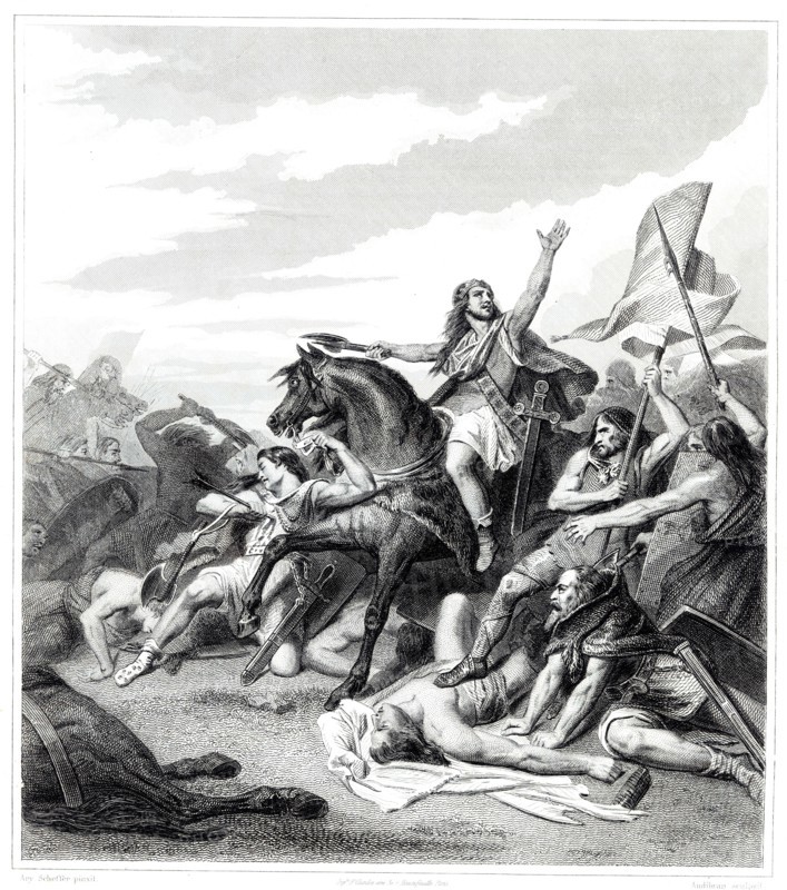Battle of Tolbiac. The Franks of Sigobert defeat the Germans in the year 496. Engraving from 1853.