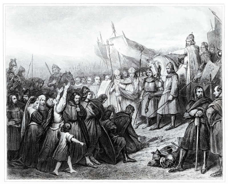 Charlemagne receive the submission of Wittekind in the year 785. Engraving from 1853.