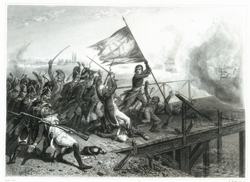 Napoleon Bonaparte on the Bridge of Arcole in the Italian campaign, November 1796, defeating the ?