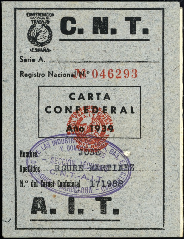 Membership card to the CNT-AIT, 1939.