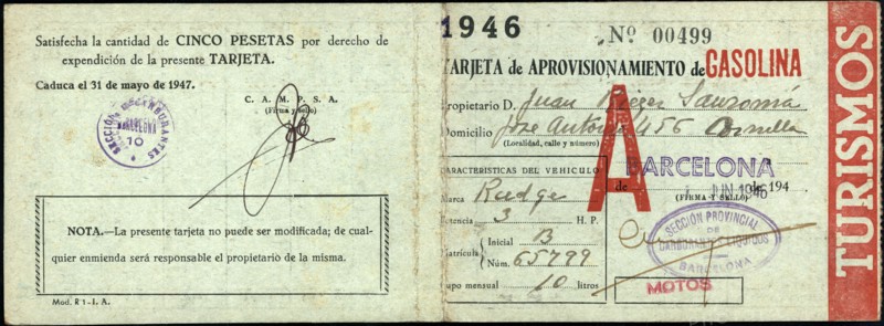 Gasoline rationing card. Barcelona, 1946.