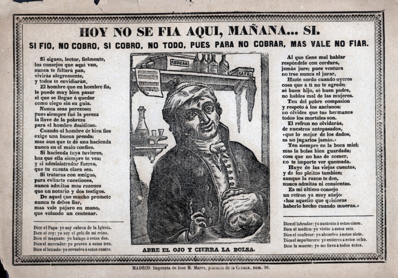 Popular engraving with the slogan 'Hoy no se fía aquí, mañana? Sí' (We don't lend on credit today?