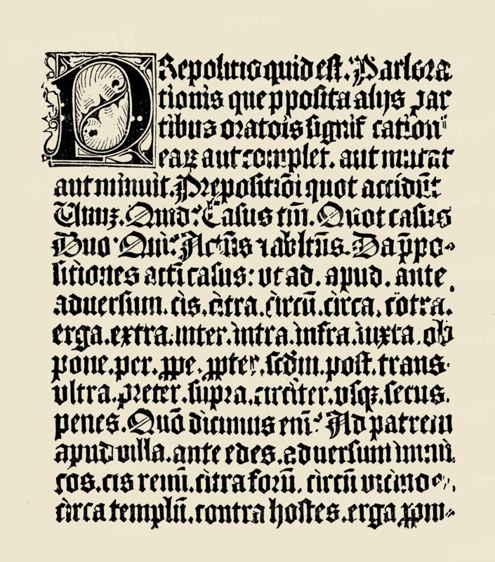 Text page of the Donato Grammar from 4th century, printed by Gutenberg in 1460. Wood engraving fr?