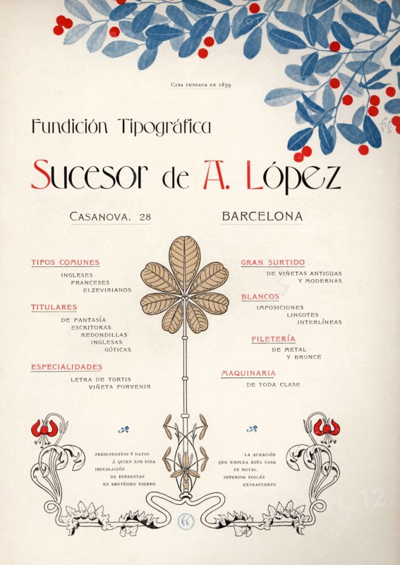 Modernist advertising for the Fundición Tipográfica de A. Lopez, Barcelona, 1900.