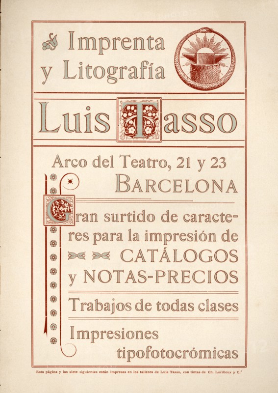 Modernist advertising of the printing house and lithography Luis Tasso. Barcelona, 1900.