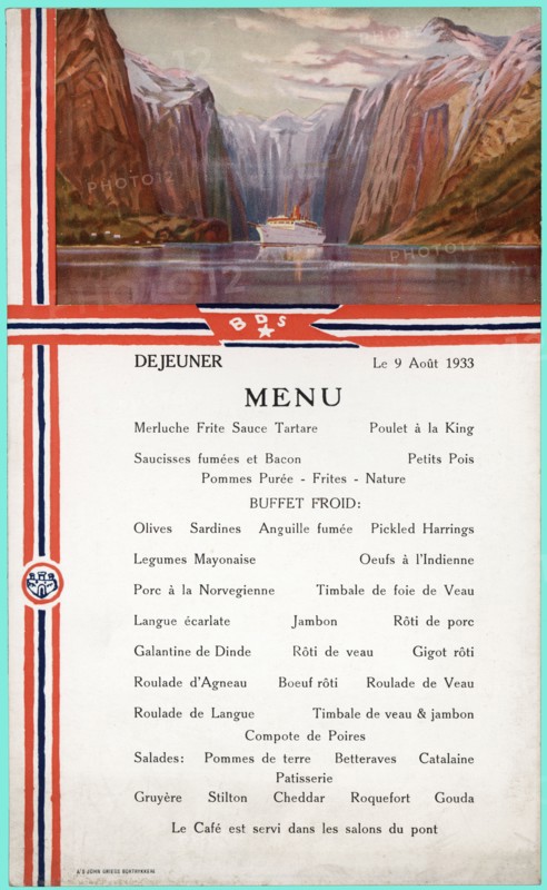 Tourist Menu of a cruise through the Norway fiords, 1933.