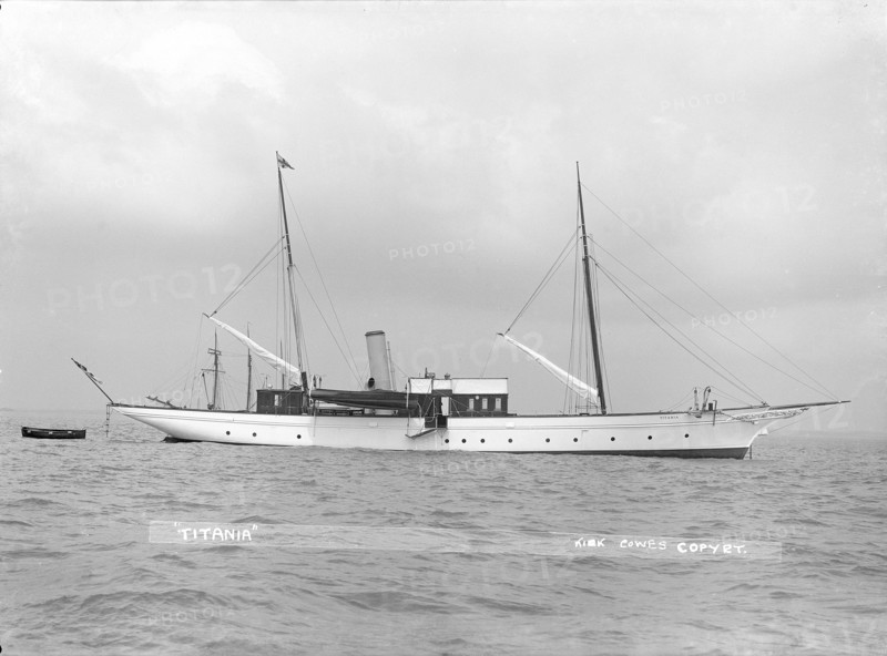 The steam yacht 'Titania' at anchor, 1914. Creator: Kirk & Sons of Cowes.