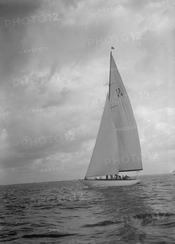 The 12 Metre bermuda rig sailing yacht 'Westra', 1936. Creator: Kirk & Sons of Cowes.