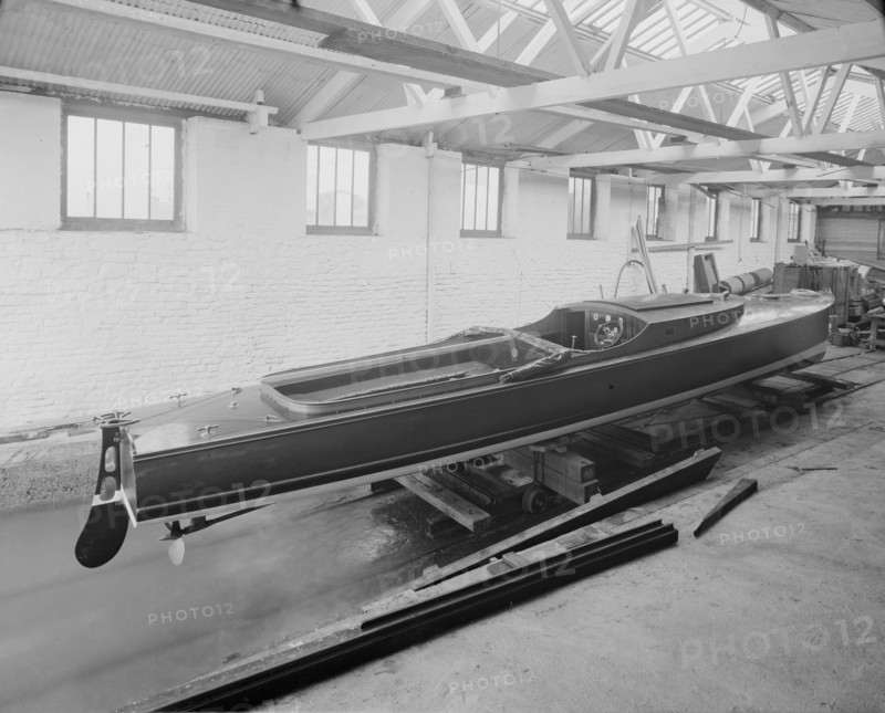 Saunders motor launch in yard, 1914. Creator: Kirk & Sons of Cowes.