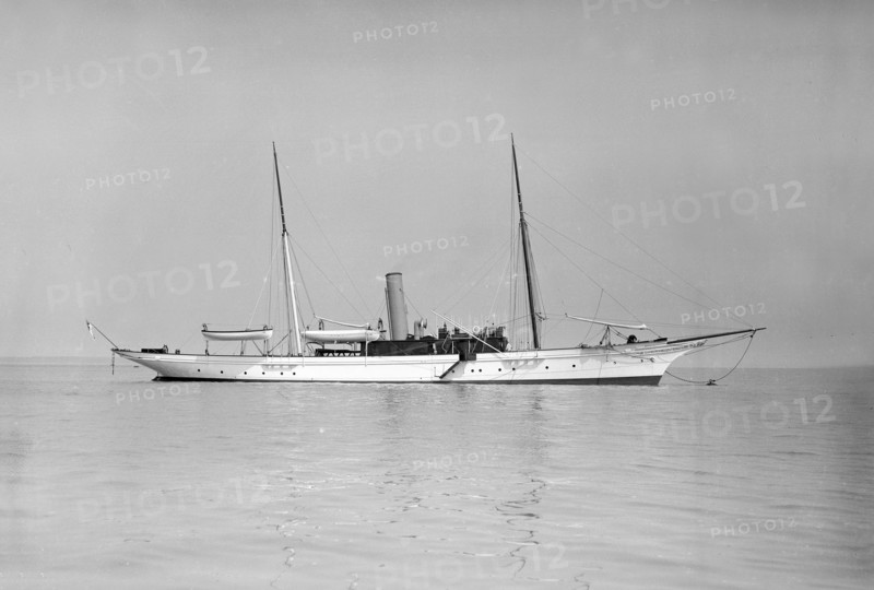 The 70 ton steam yacht 'Ombra' at anchor, 1911. Creator: Kirk & Sons of Cowes.