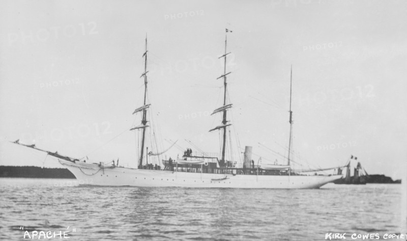 The three masted auxiliary barque 'Apache'. Creator: Kirk & Sons of Cowes.