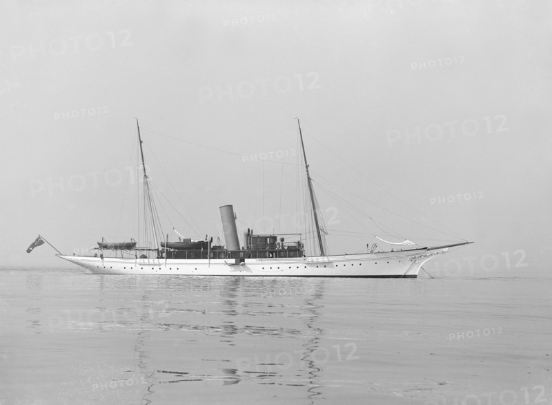 The steam yacht 'Sabrina' at anchor, 1914. Creator: Kirk & Sons of Cowes.