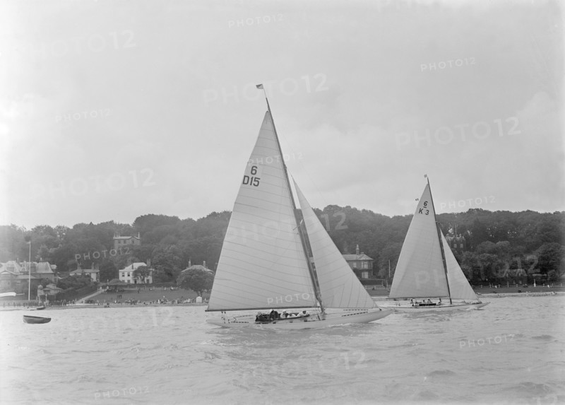 The 6 Metre Class yachts 'Oui-Oui' (D15) and 'Gairney' racing, 1922. Creator: Kirk & Sons of Cowes.