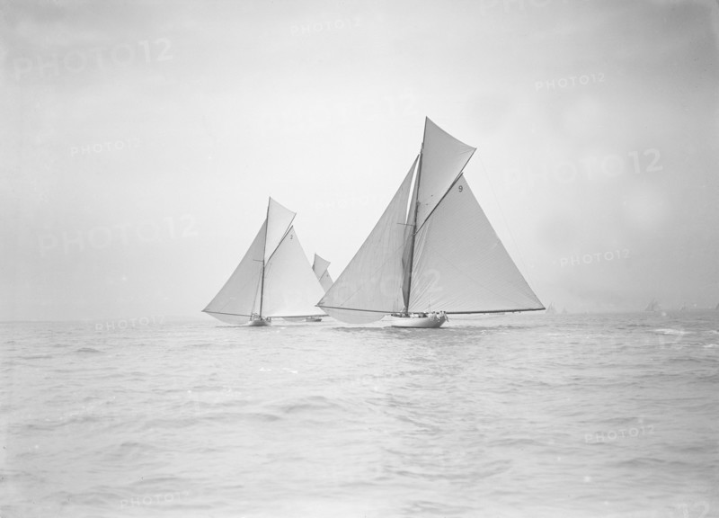 The cutters 'Rosamond', 'Carina' and 'Sonya' racing downwind, 1911. Creator: Kirk & Sons of Cowes.