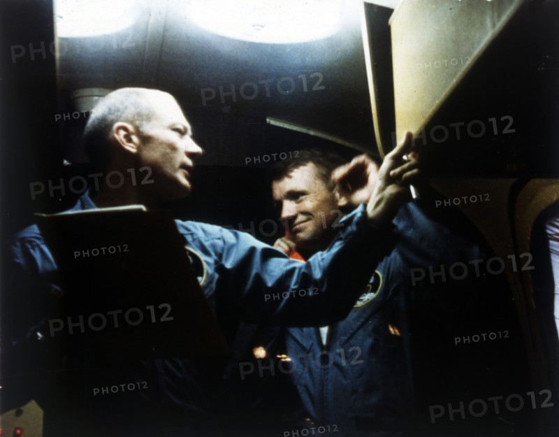 Buzz Aldrin and Neil Armstrong in quarantine, Apollo 11 mission, July 1969. Creator: NASA.