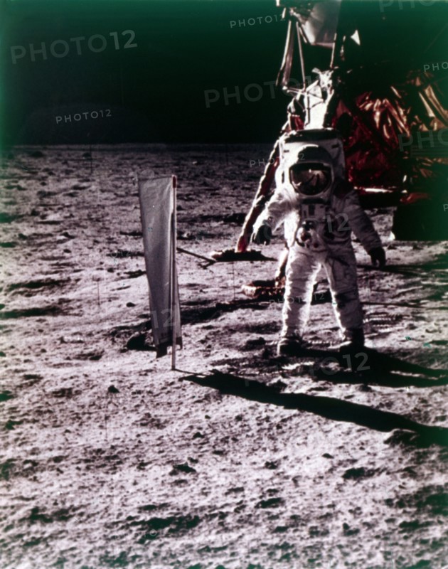 Buzz Aldrin deploys solar wind collector on the surface of the Moon, Apollo 11 mission, July 1969.  Creator: Neil Armstrong.