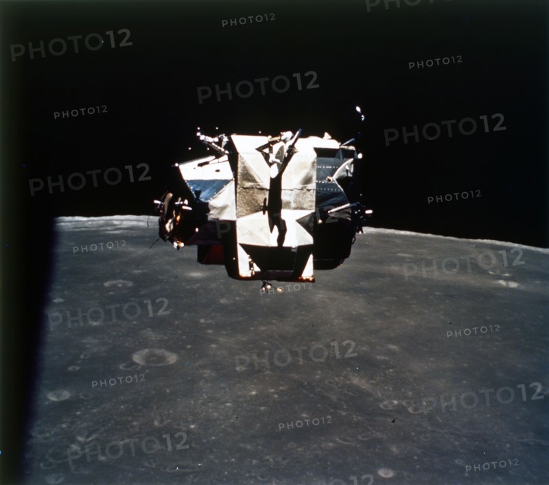 Lunar Module above the Moon, Apollo 16 mission, April 1972. Creator: Thomas Mattingly.