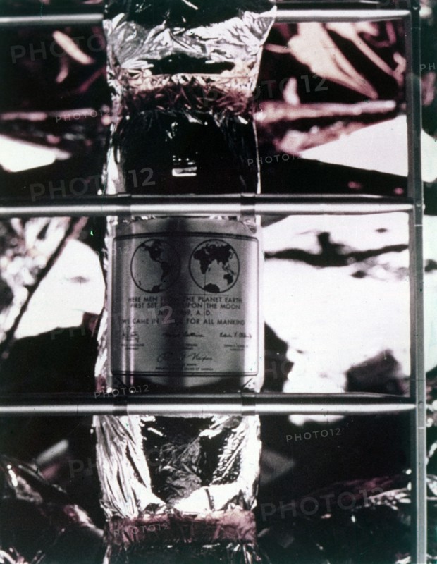 Plaque left on the Moon, Apollo II mission, July 1969. Creator: NASA.