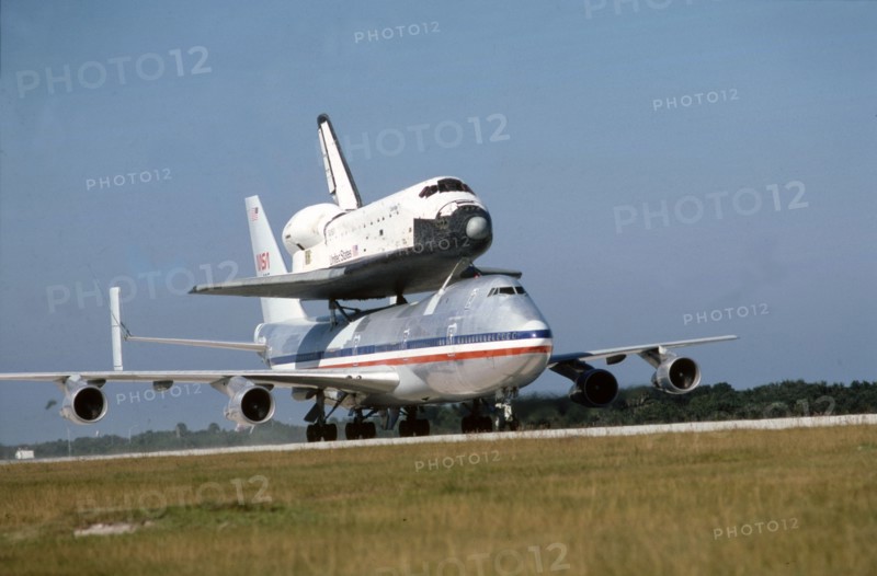 Space Shuttle atop Boeing 747, Kennedy Space Center, Florida, USA, 1980s. Creator: NASA.