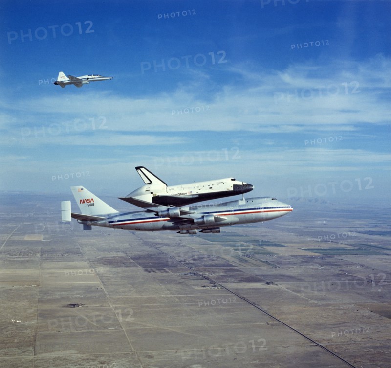 Space Shuttle Orbiter 'Columbia' on Boeing 747 Shuttle Carrier, 1980s. Creator: NASA.