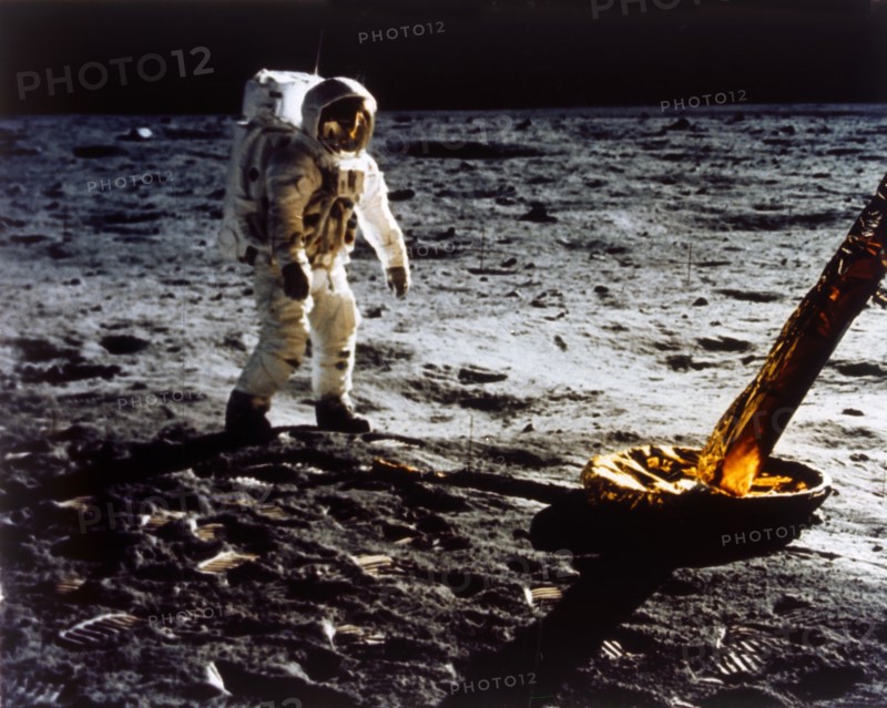 Buzz Aldrin by the leg of the Lunar Module, Apollo II mission, July 1969. Creator: Neil Armstrong.