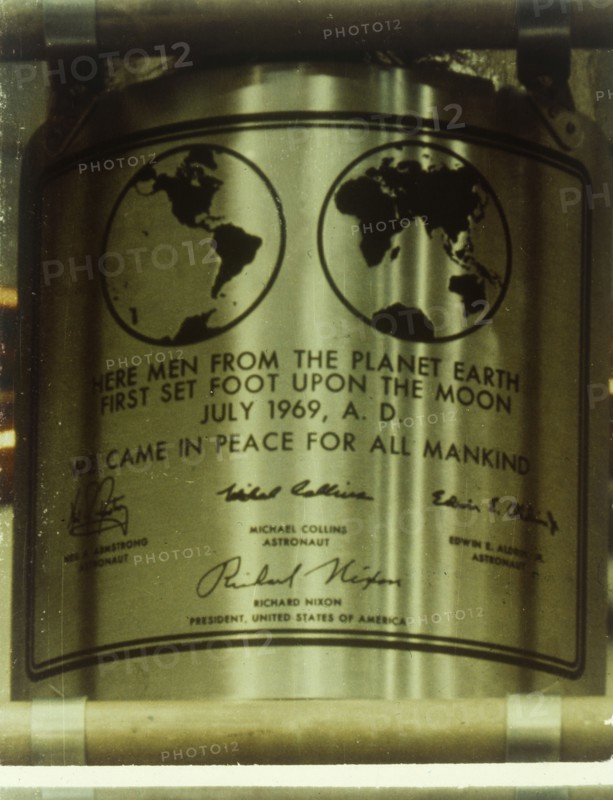 Plaque left on the Moon, Apollo II mission, July 1969. Creator: NASA.