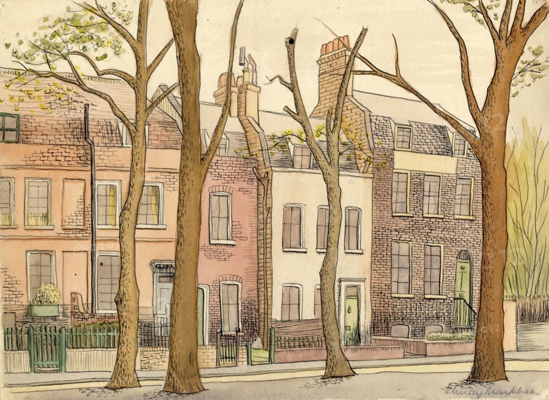 Street scene with trees, c1950. Creator: Shirley Markham.