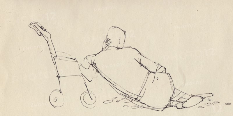 Man leaning against pushchair on the beach, c1950. Creator: Shirley Markham.