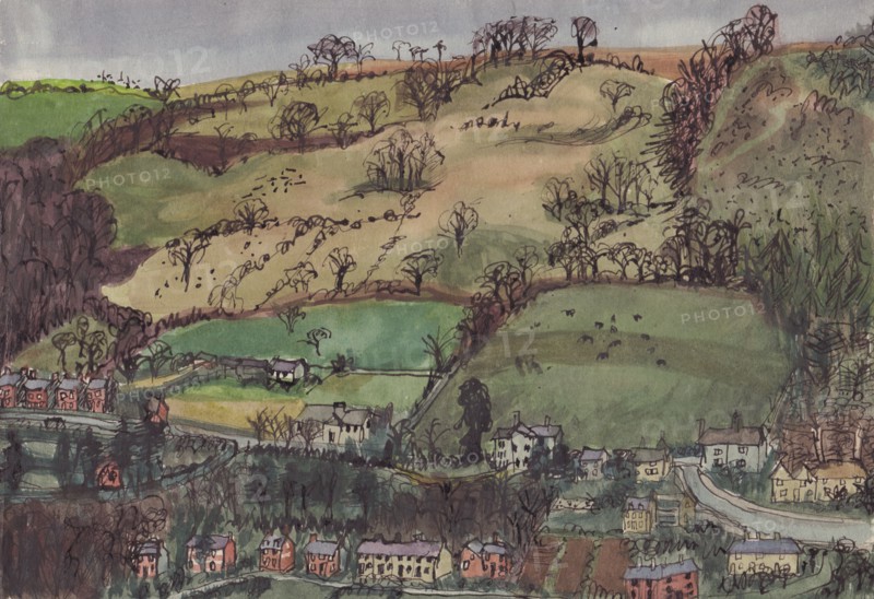 Village and fields, c1950. Creator: Shirley Markham.
