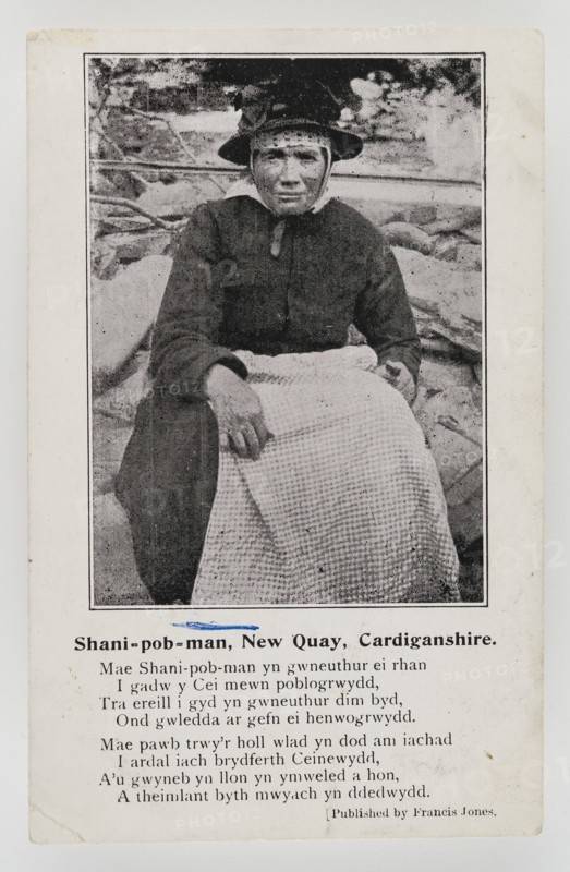 Shani-pob-man (Jane Leonard), New Quay, Cardiganshire with a short poem about her, c1906.