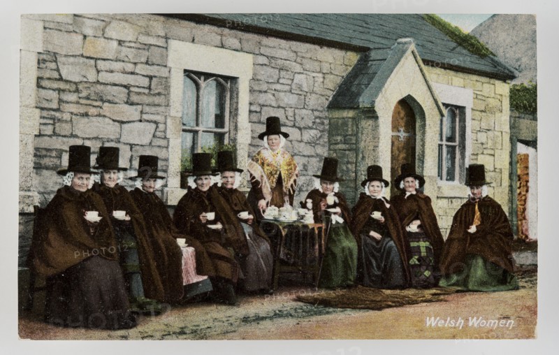 Group of ten Welsh women drinking tea outside a Chapel, c1900s.