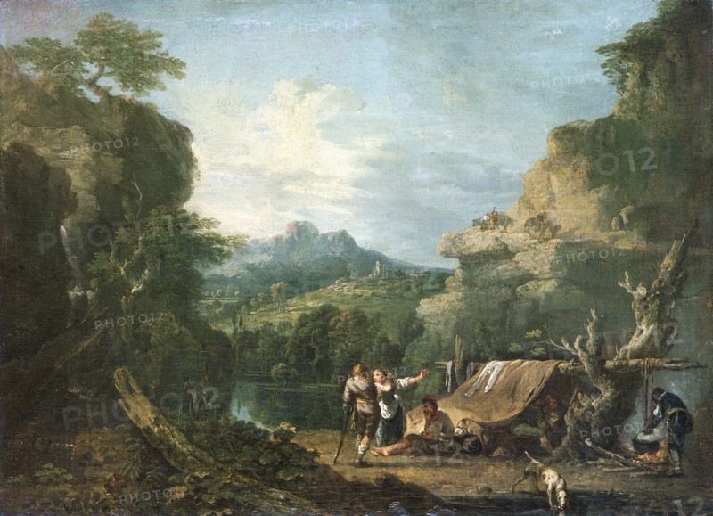 Landscape with banditti round a tent, 1752.
