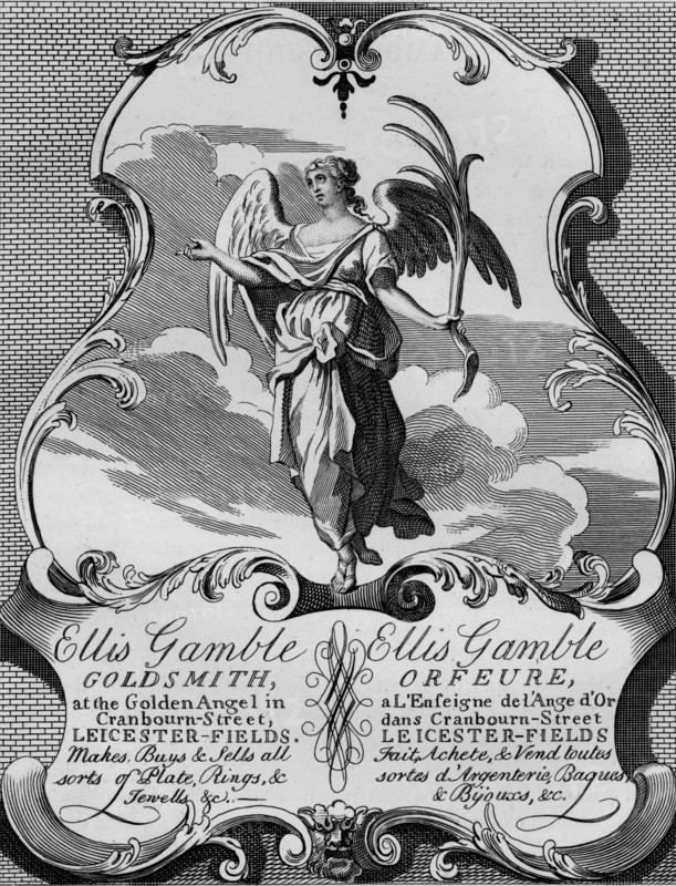 Trade card of goldsmith Ellis Gamble, 1720s, (1827).