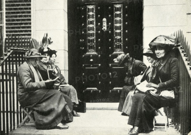 Suffragettes waiting on the doorstep of Sir Edward Carson's London home, 6 April 1914, (1947).