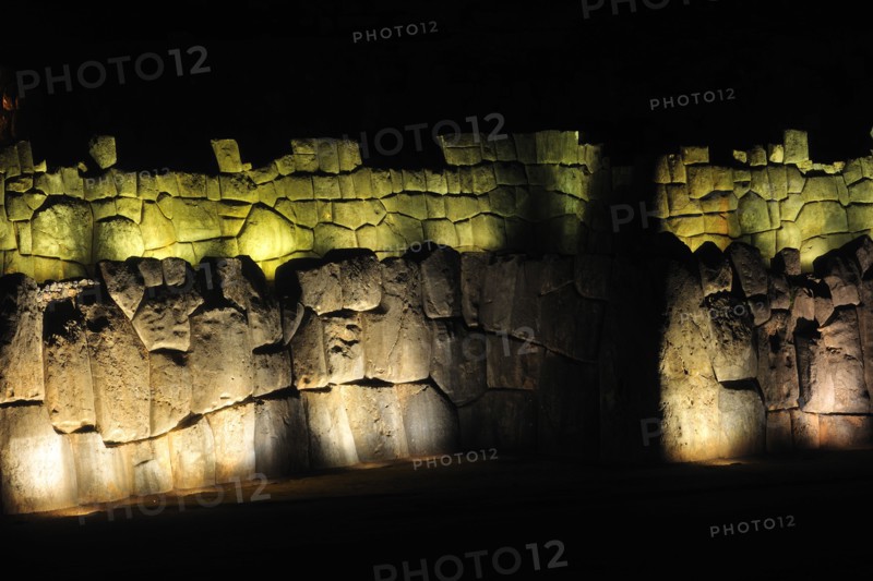 Night view of Sacsahuaman Fortress with lighting, Cusco, Peru, 2015.