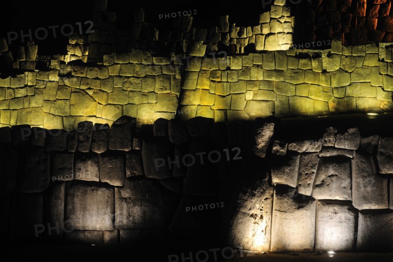 Night view of Sacsahuaman Fortress with lighting, Cusco, Peru, 2015.