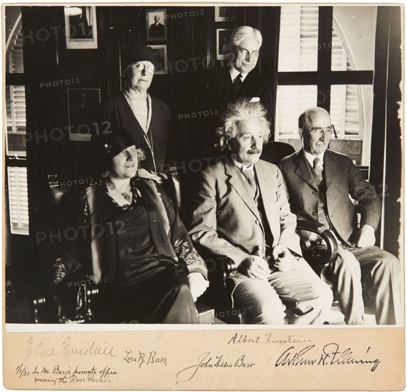 Albert and Elsa Einstein, John and Lora Baer and Arthur H. Fleming, Pasadena, 1 January 1931, 1931.