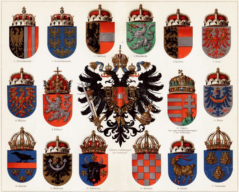 Coats of arms of Counties of Austria-Hungary and small Austrian national coat of arms, c. 1907.