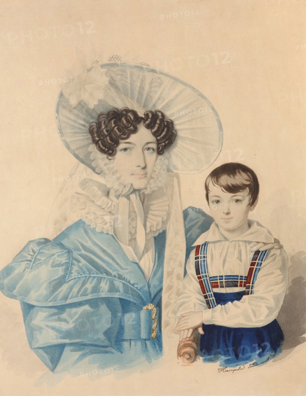 Portrait of Anna Platonovna Plautina (1808-1886) with her son, 1830s.