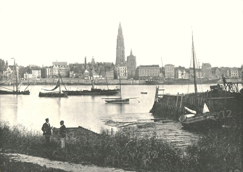 View across the River to the Cathedral, Antwerp, Belgium, 1895.