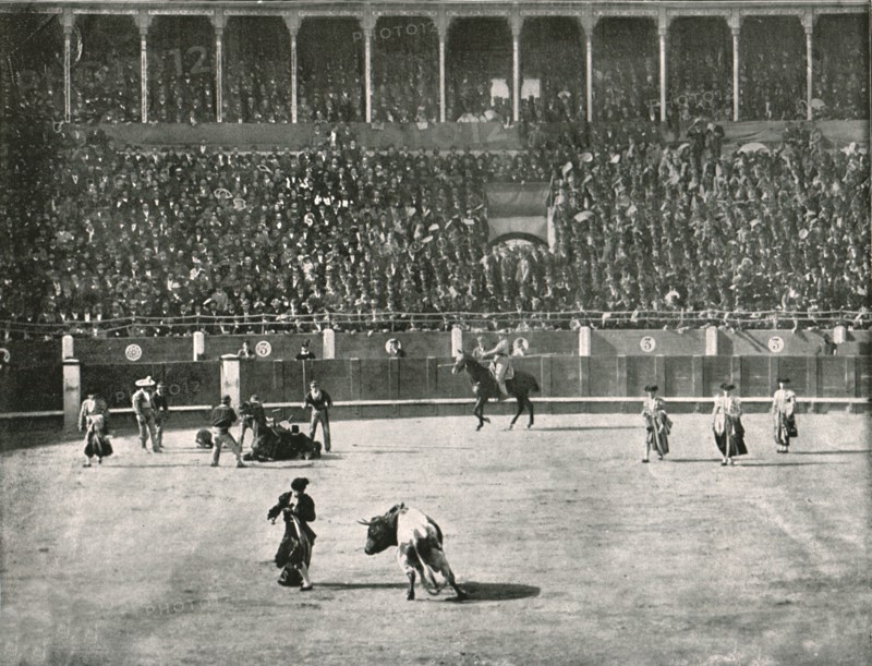The interior of the Bullring, Madrid, Spain, 1895.