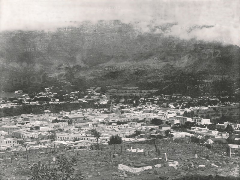 General view showing Table Mountain wreathed in vapour, Cape Town, South Africa, 1895.