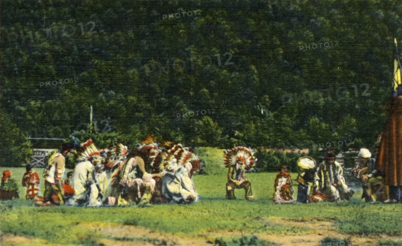Cherokee Indians in Full Native Costume in one of their Ceremonial Dances - On Cherokee Indian Rese