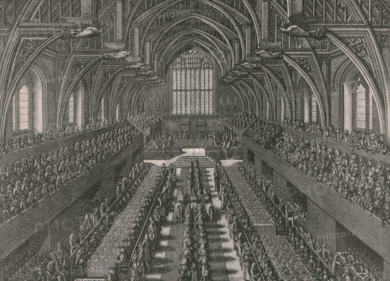 The banquet in the Great Hall at the Palace of Westminster...coronation of James II in 1685, (1902).