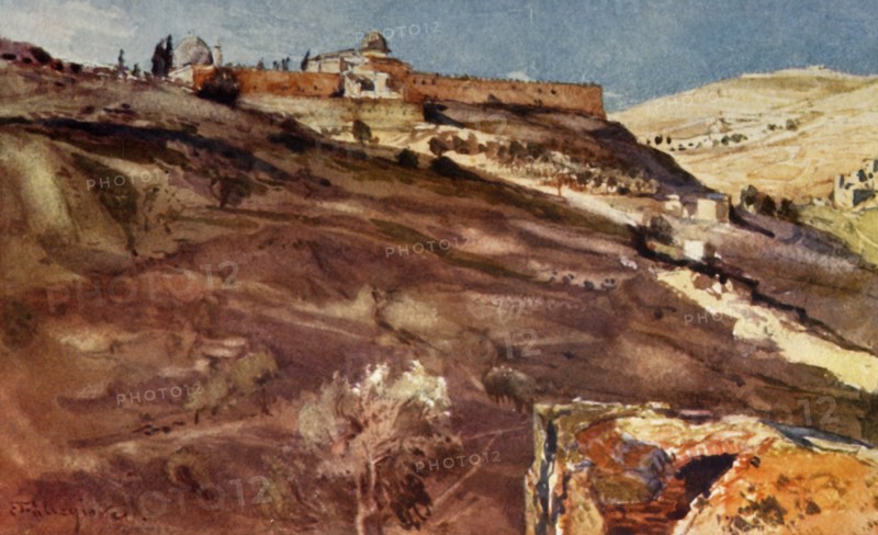 Jerusalem. - South Wall of the Temple Area, from the Valley of Hinnom, at Sunset', 1902.