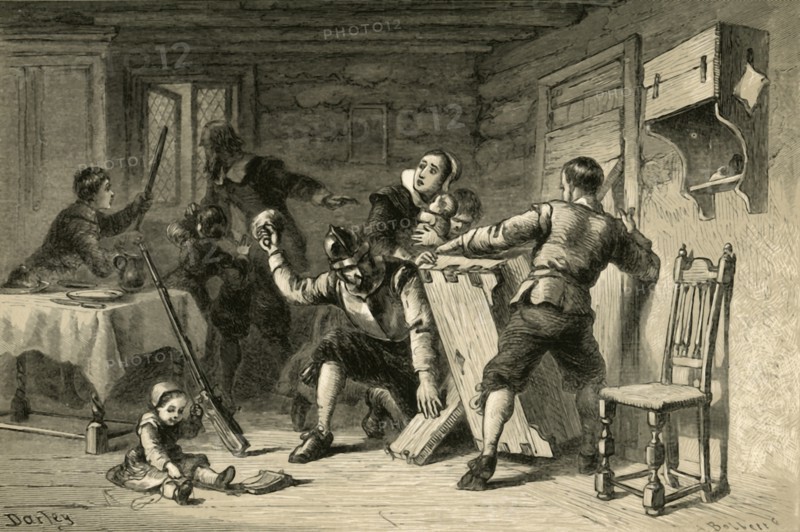 Puritans Barricading Their House Against Indians', (1877).