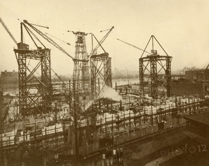 Cranes at Work on the London County Hall', c1930.